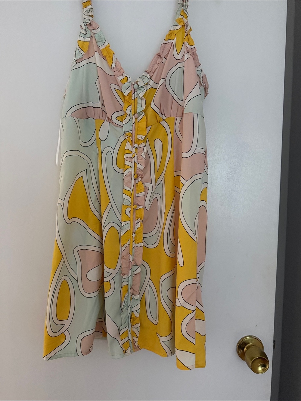 Vero Moda Yellow, Pink & Mint Abstract Ruffle-Front Mini Dress